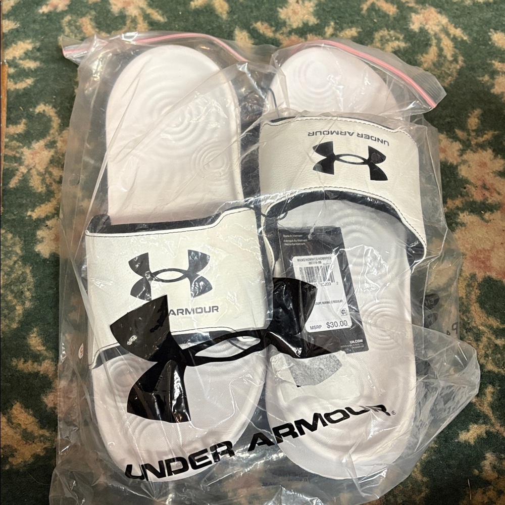 Men's Black and White Under Armor Slides